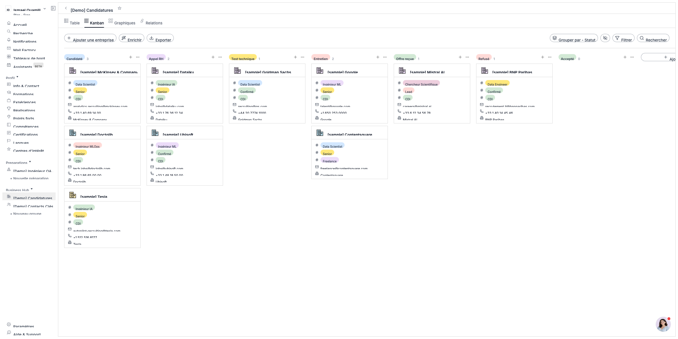 Kanban view of the application pipeline